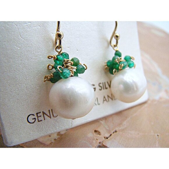 NEW Sterling Silver Genuine Pearl and Green Stone Dangle Earrings Gold Hook NWT - Picture 4 of 11